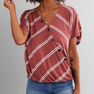 Striped V-Neck Top w/Buttons